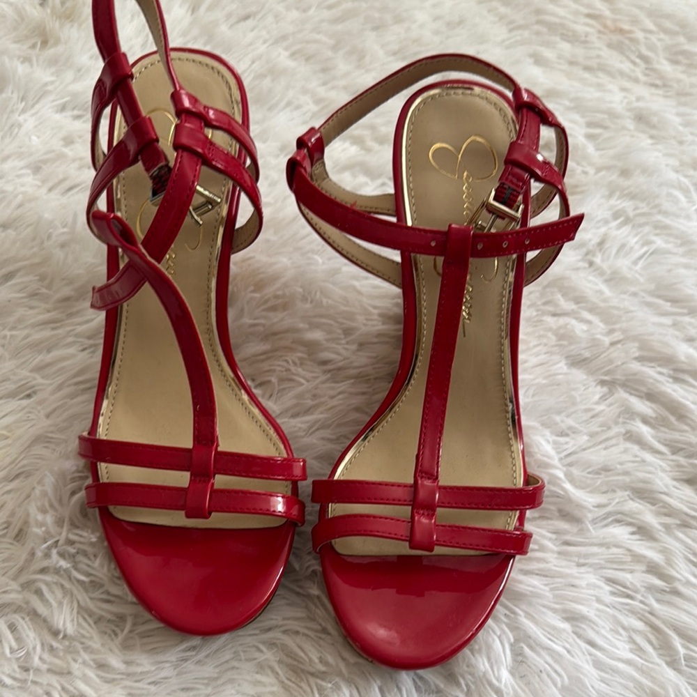 Red Jessica Simpson cork wedge sandals